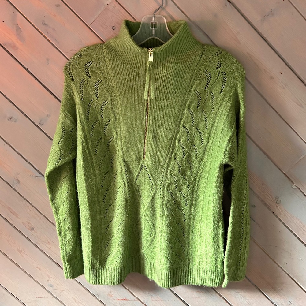 Talbots Petite Green Pointelle Cable Knit Quarter Zip Sweater MP JO5161